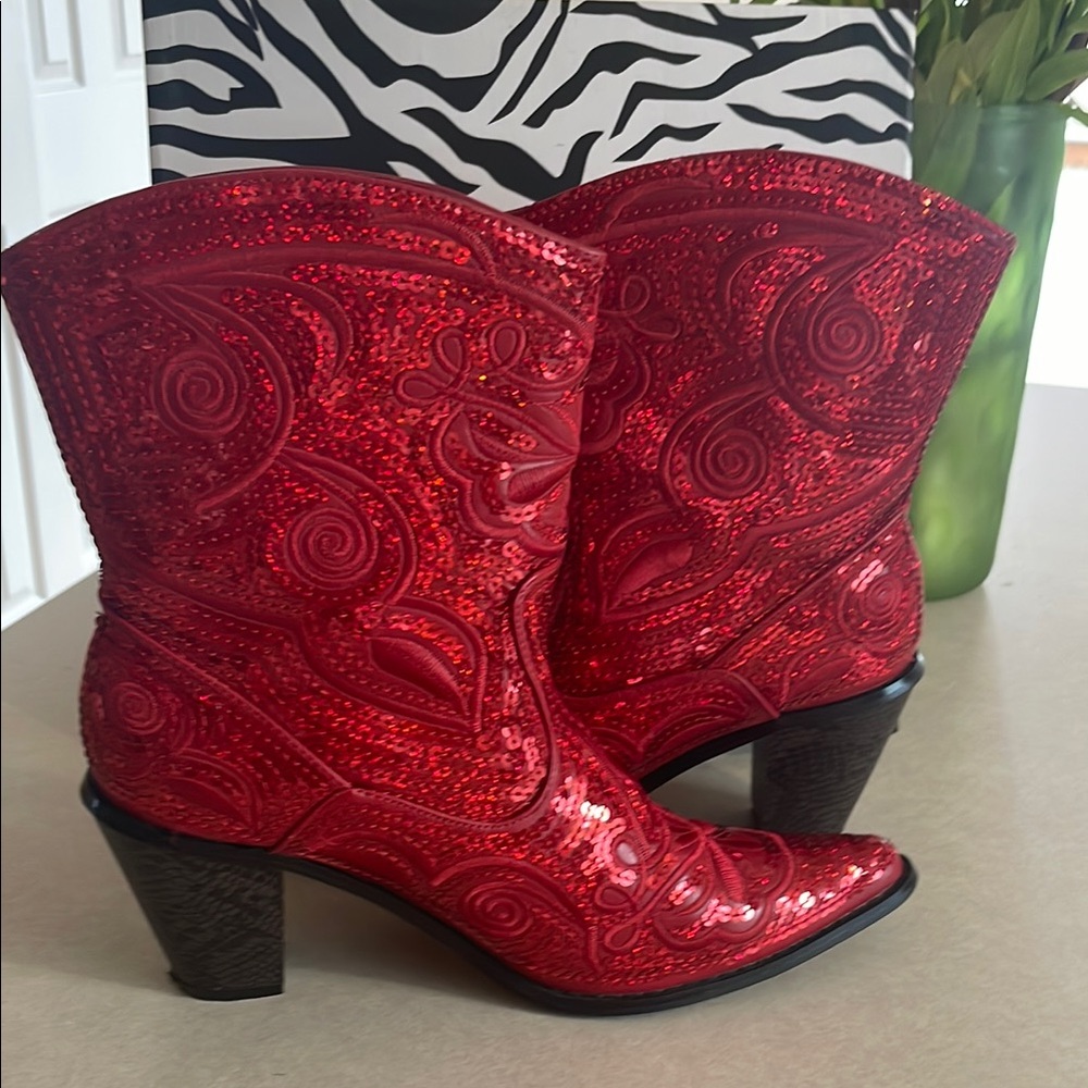 Red Sequined Western Heeled Boots - Picture 3 of 4